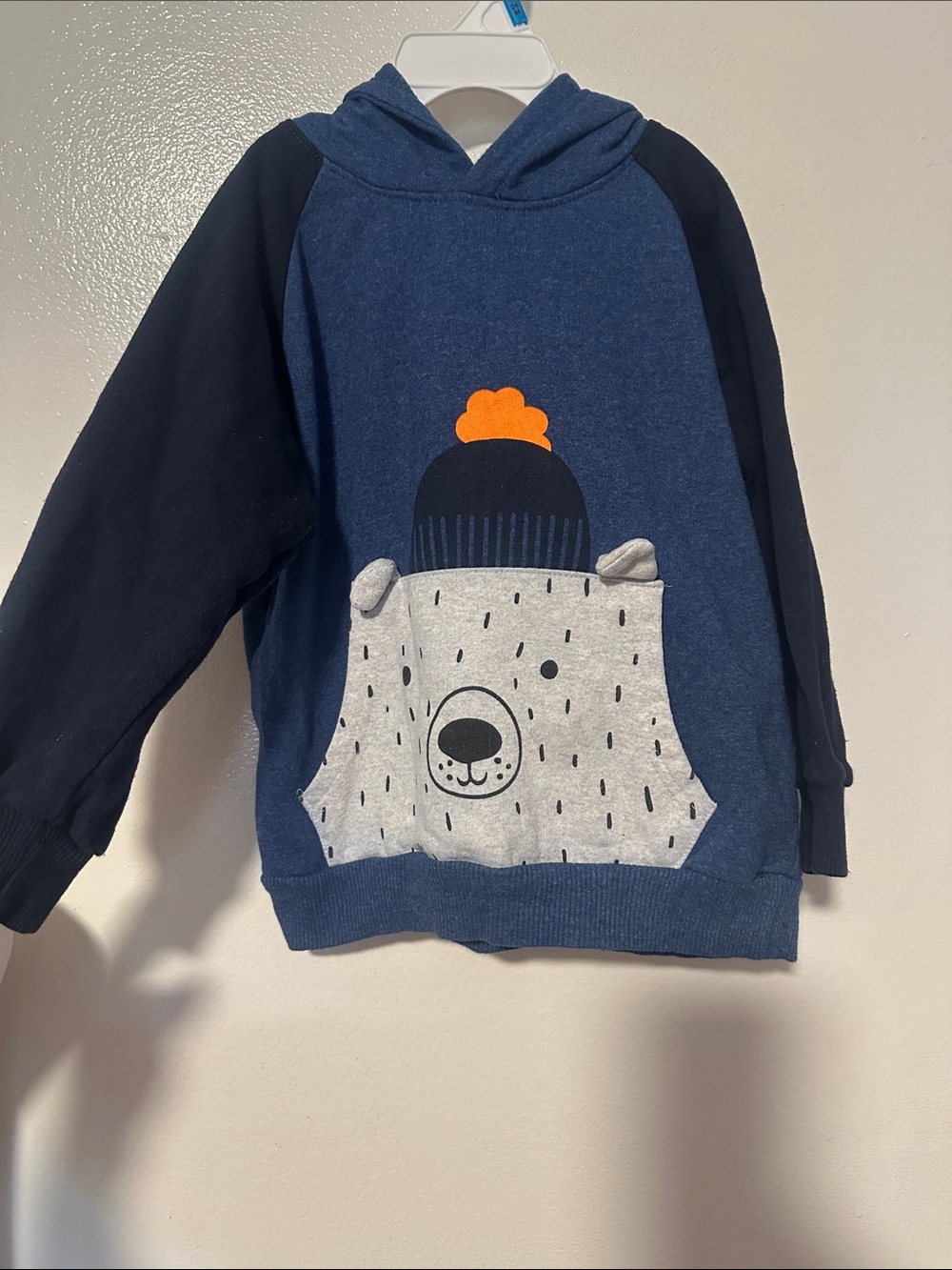 Kids Navy Bear Graphic Hoodie with Orange Pom Detail